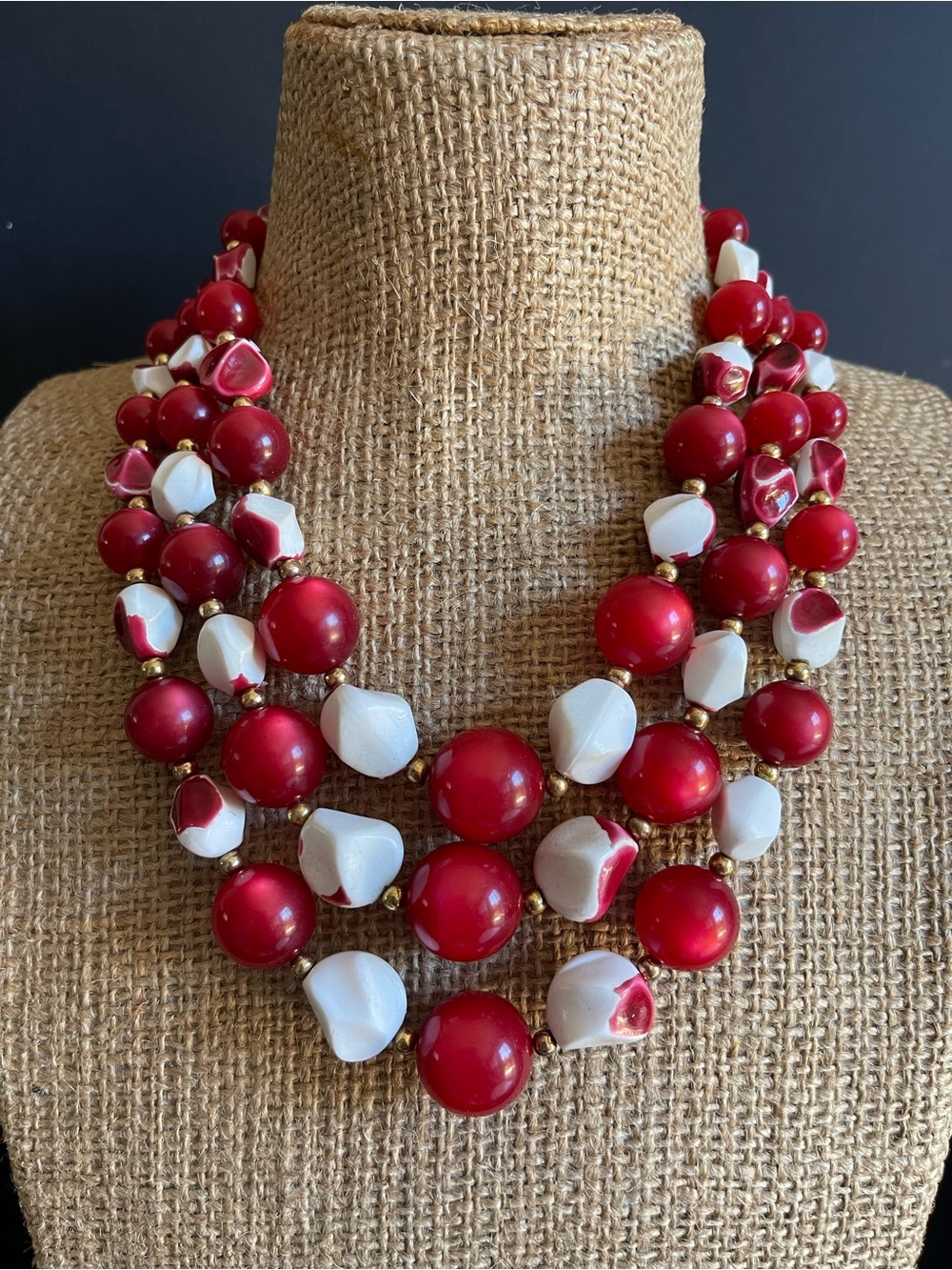 Vintage 3 strand red moon glow Statement Necklace.